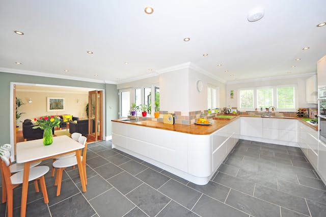 a house with wide kitchen space