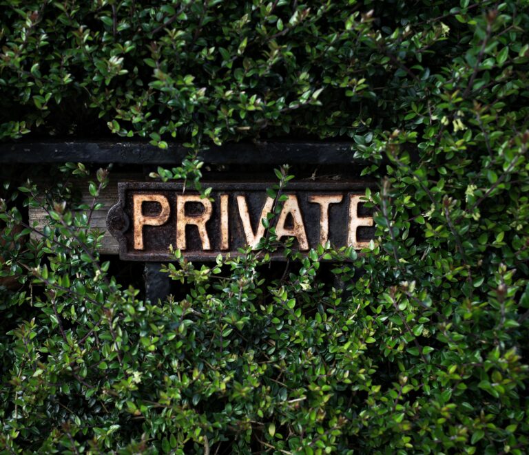 Carved and painted wooden sign that reads PRIVATE in overgrown shrubbery